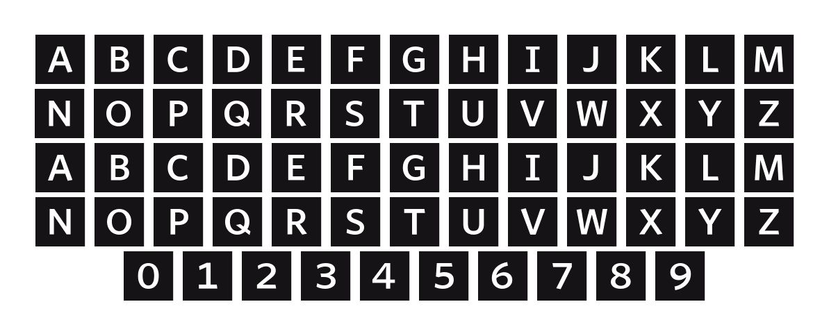 WhitneyIndexBlack-SquareMd: every letter, A to Z and a to z, and the numbers 0 to 9