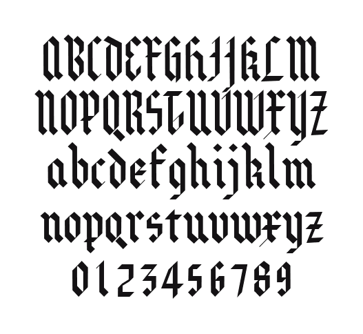 ZimpleBlack: every letter, A to Z and a to z, and the numbers 0 to 9