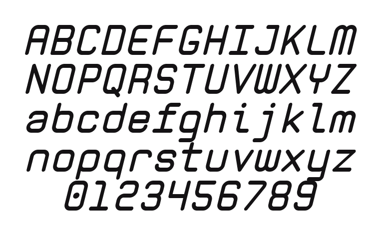 Zolan-Mono-BTN-BoldOblique: every letter, A to Z and a to z, and the numbers 0 to 9
