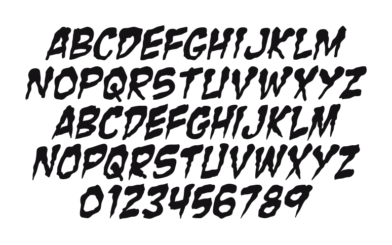 Zombie-Guts-Italic: every letter, A to Z and a to z, and the numbers 0 to 9