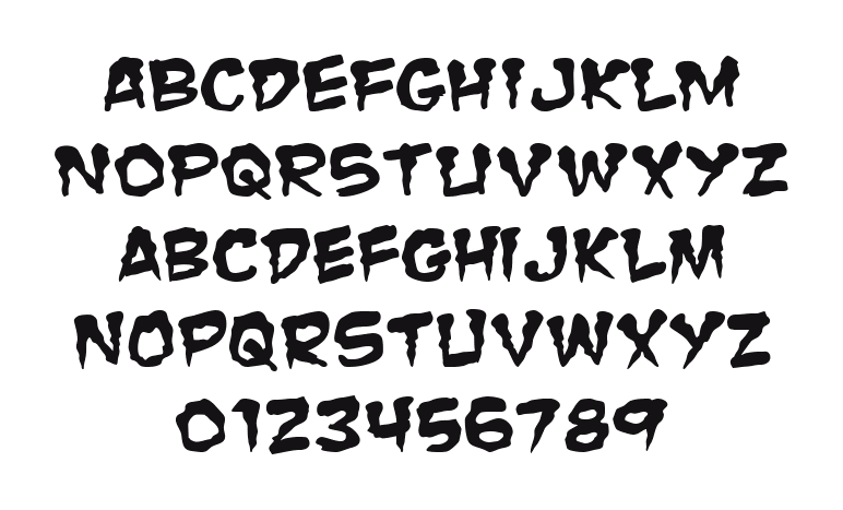 Zombie-Guts-Squished: every letter, A to Z and a to z, and the numbers 0 to 9