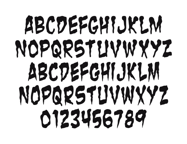 Zombie-Guts-Yanked: every letter, A to Z and a to z, and the numbers 0 to 9