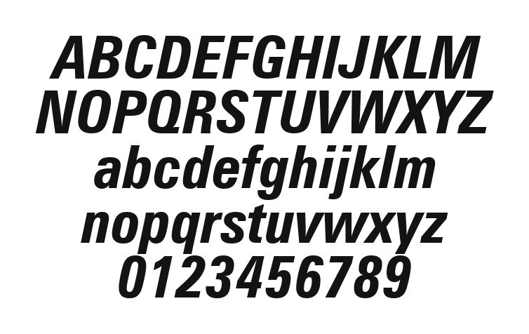 Zurich-Bold-Condensed-Italic-BT: every letter, A to Z and a to z, and the numbers 0 to 9