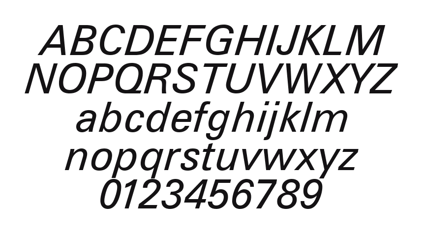 Zurich-Greek-Inclined-BT: every letter, A to Z and a to z, and the numbers 0 to 9