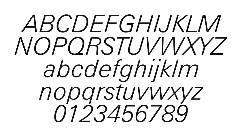 Zurich-Lt-BT-Light-Italic: every letter, A to Z and a to z, and the numbers 0 to 9