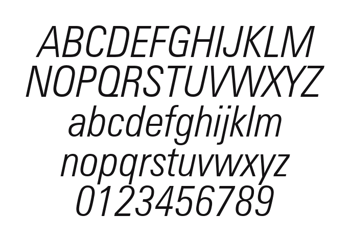 Zurich-LtCn-BT-Light-Italic: every letter, A to Z and a to z, and the numbers 0 to 9