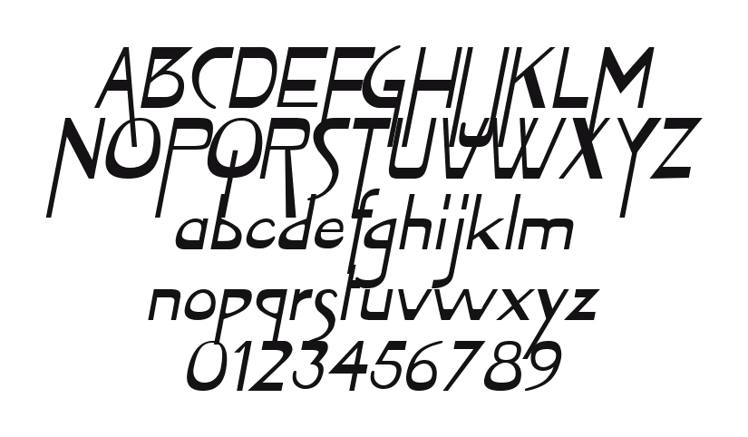 Zyme-Oblique: every letter, A to Z and a to z, and the numbers 0 to 9
